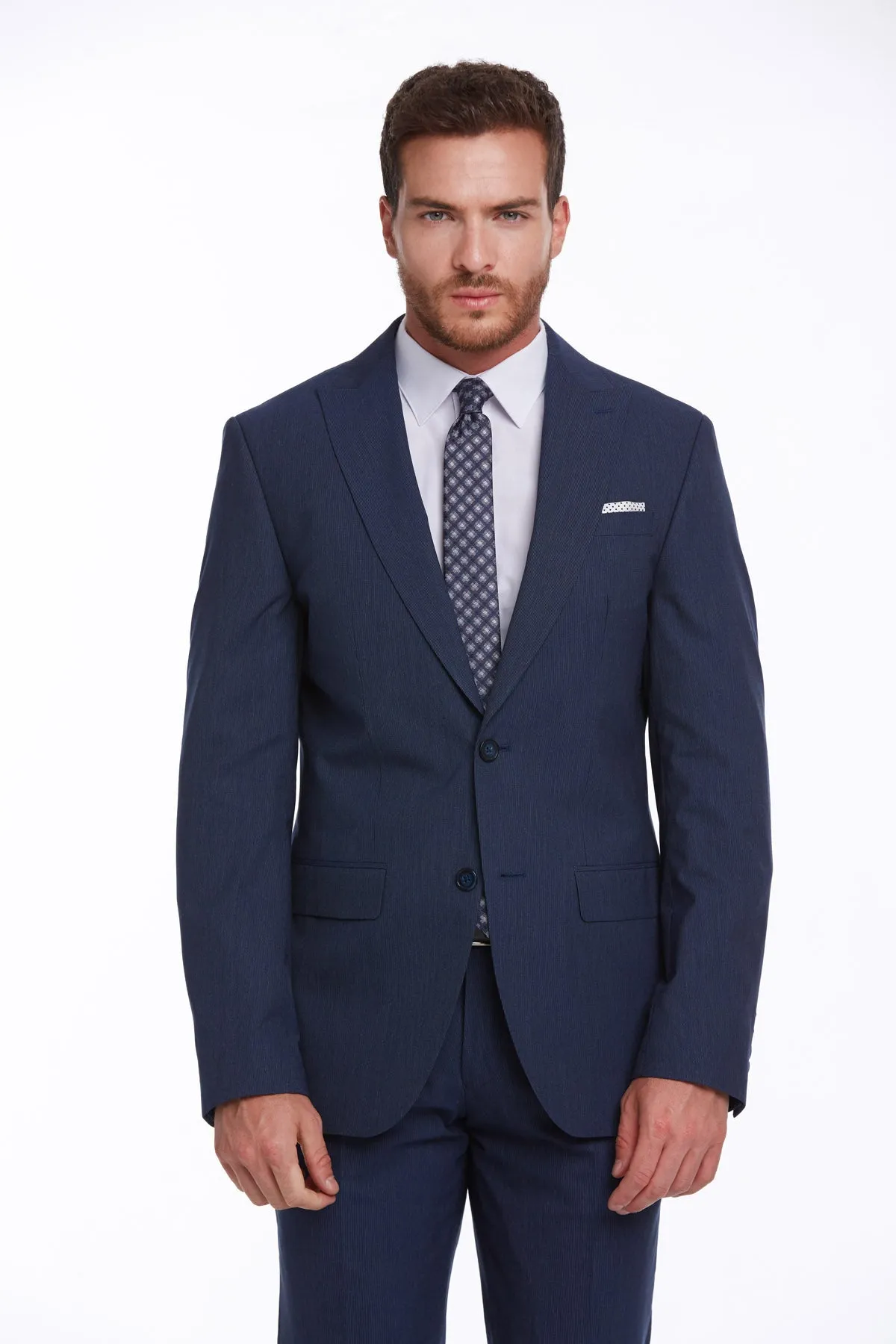 Slim Fit Notch Lapel Navy Striped Classic Suit