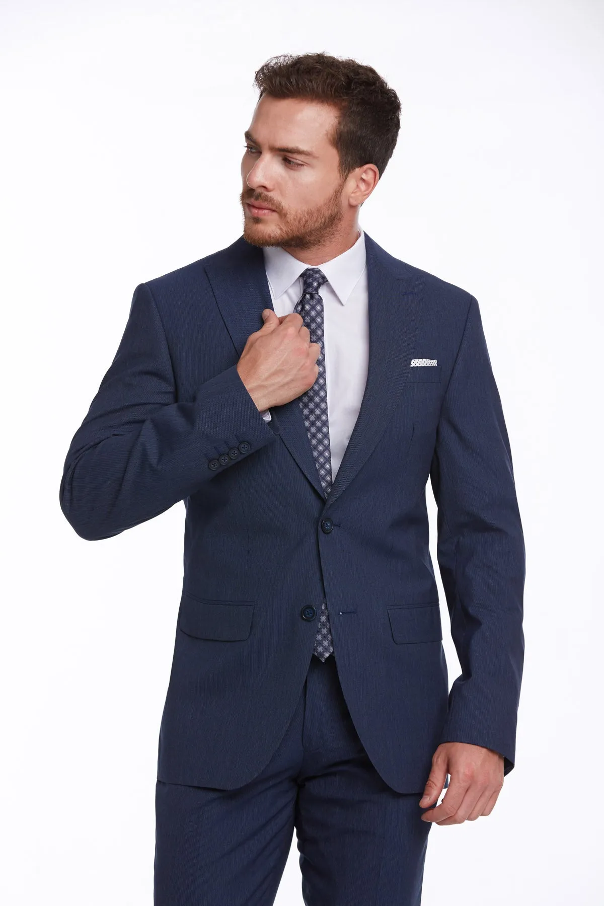 Slim Fit Notch Lapel Navy Striped Classic Suit