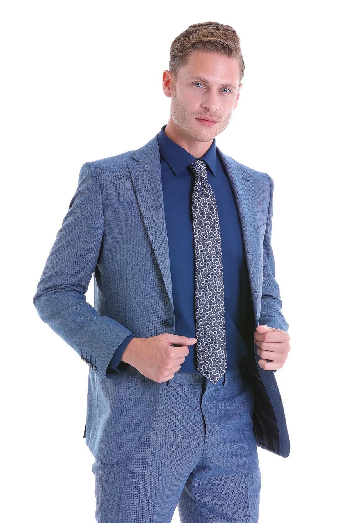 Slim Fit Notch Lapel Patterned Classic Suit, Light Navy D.