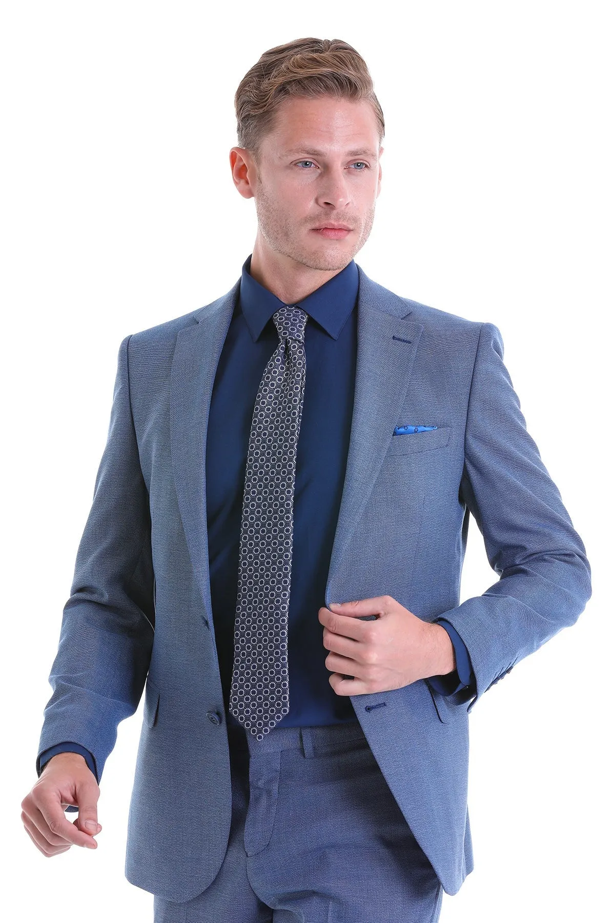 Slim Fit Notch Lapel Patterned Classic Suit, Light Navy D.