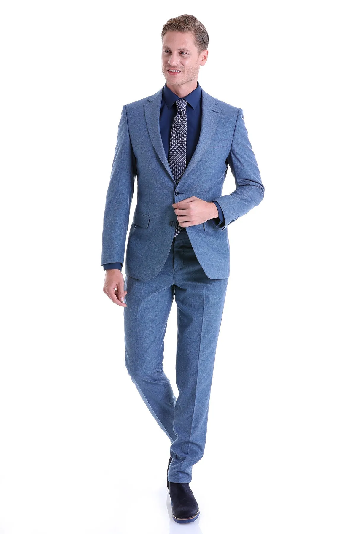 Slim Fit Notch Lapel Patterned Classic Suit, Light Navy D.