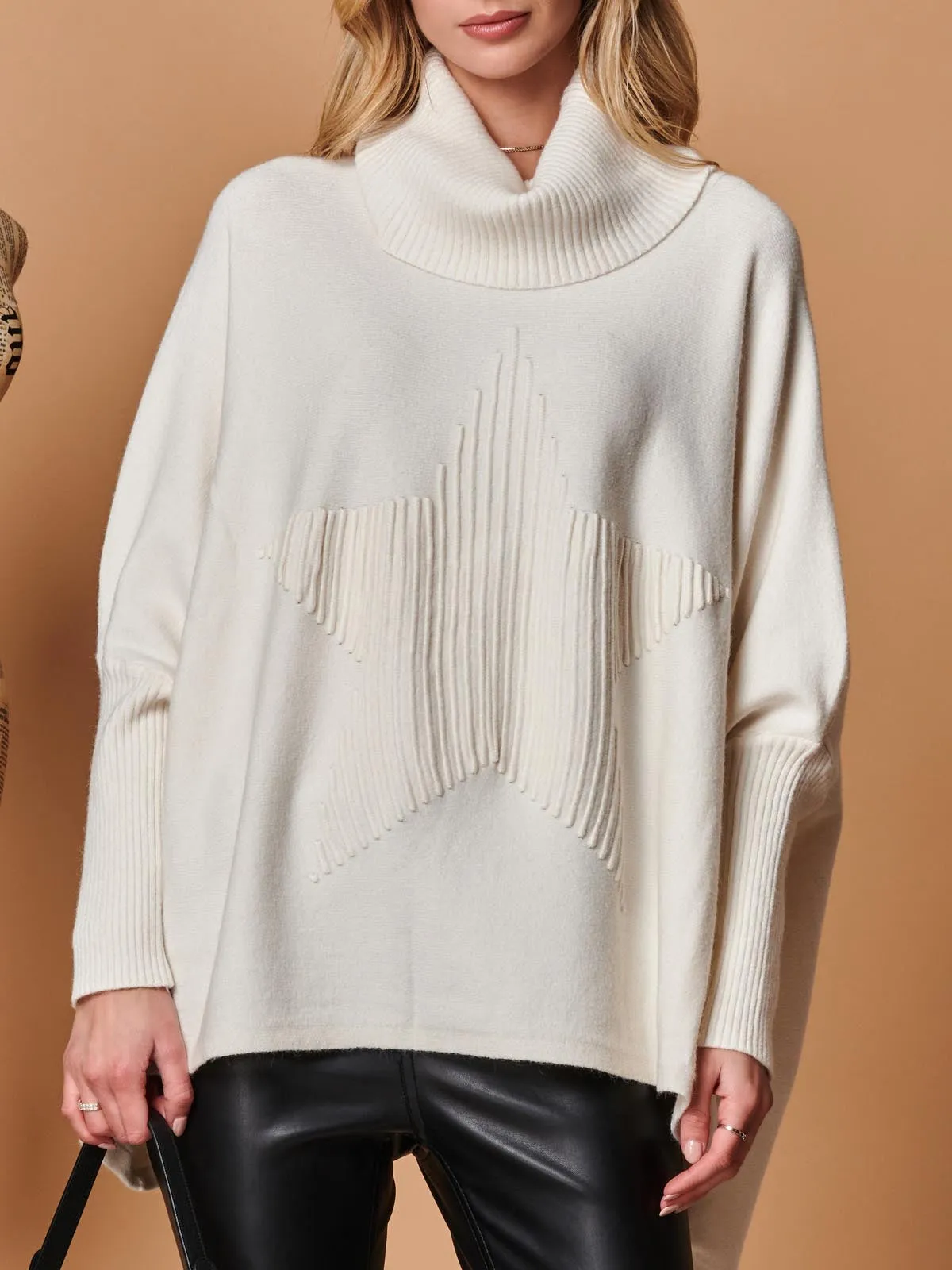 Star Front Roll Neck Knit Jumper, Oatmeal