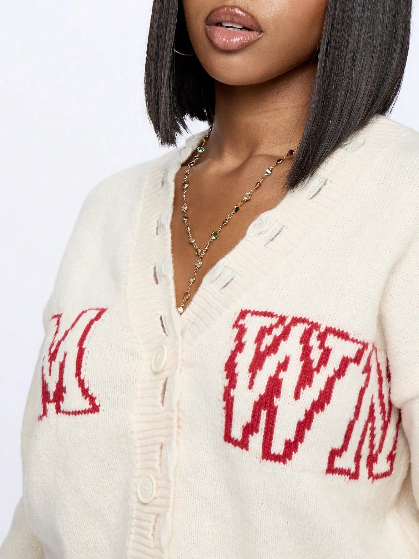 SUMWON WOMEN Cropped Distress Button Through Graphic Cardi