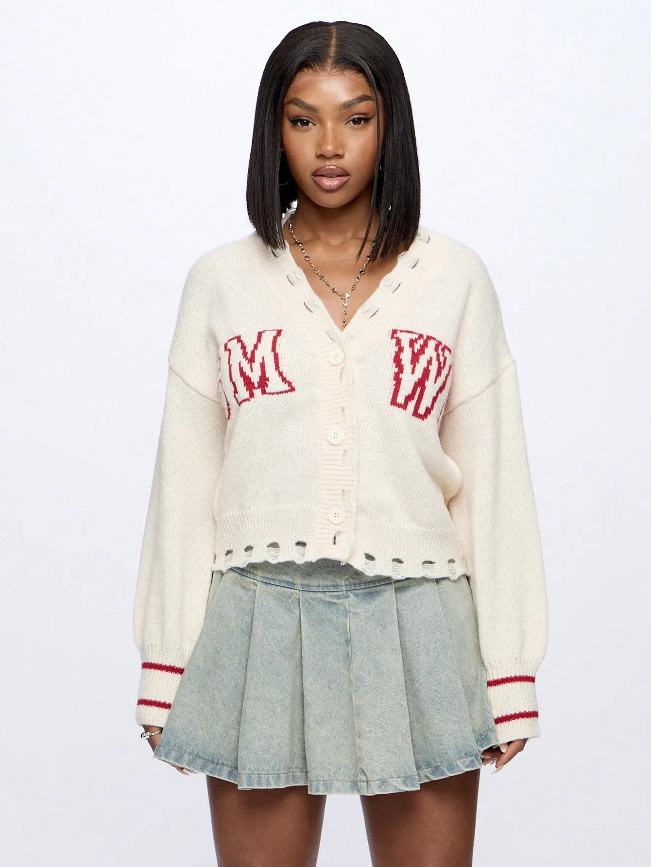 SUMWON WOMEN Cropped Distress Button Through Graphic Cardi