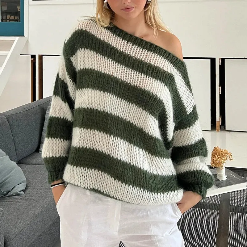 Vevesc Striped Loose Fit Knitted Pullovers Women Autumn Spring Fashion Long Sleeve Knitwear Vintage Grunge Y2K Sweater Preppy Clothes