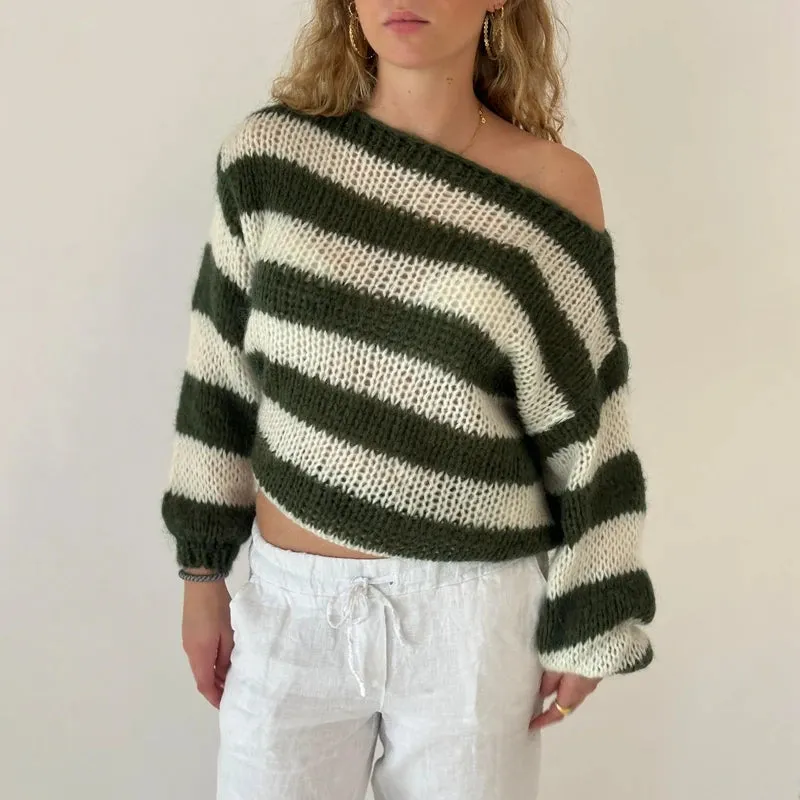 Vevesc Striped Loose Fit Knitted Pullovers Women Autumn Spring Fashion Long Sleeve Knitwear Vintage Grunge Y2K Sweater Preppy Clothes